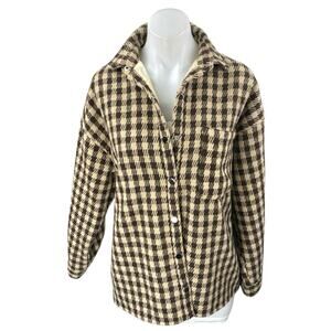 Princess Polly Cream Black Wool Plaid Checkered Long Sleeve Coat Jacket Size M/L